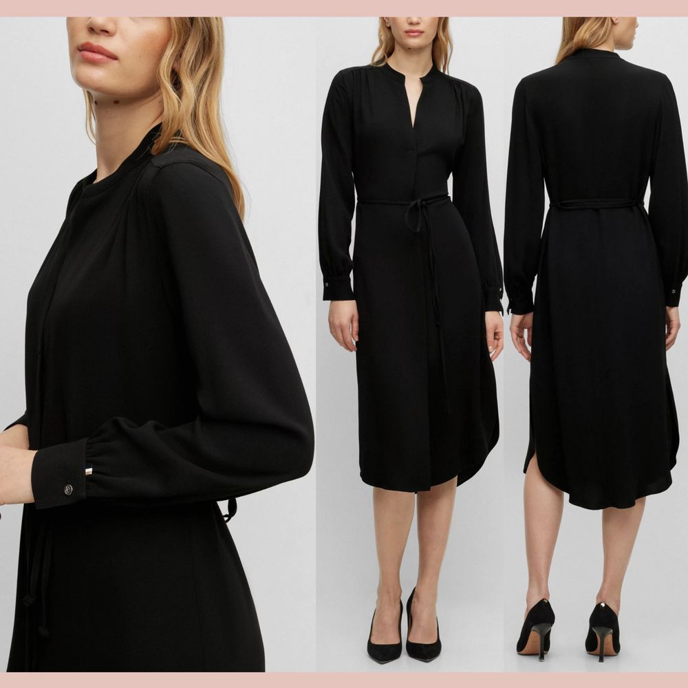 Nwd $645 Boss [ 6 ] Button Down Collarless V Neckline Belted Dress Black